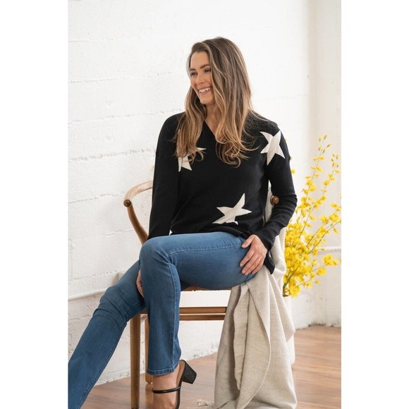 Laurie Felt Cashmere Blend Intarsia V-Neck Star Print Sweater sz M - Picture 7 of 11